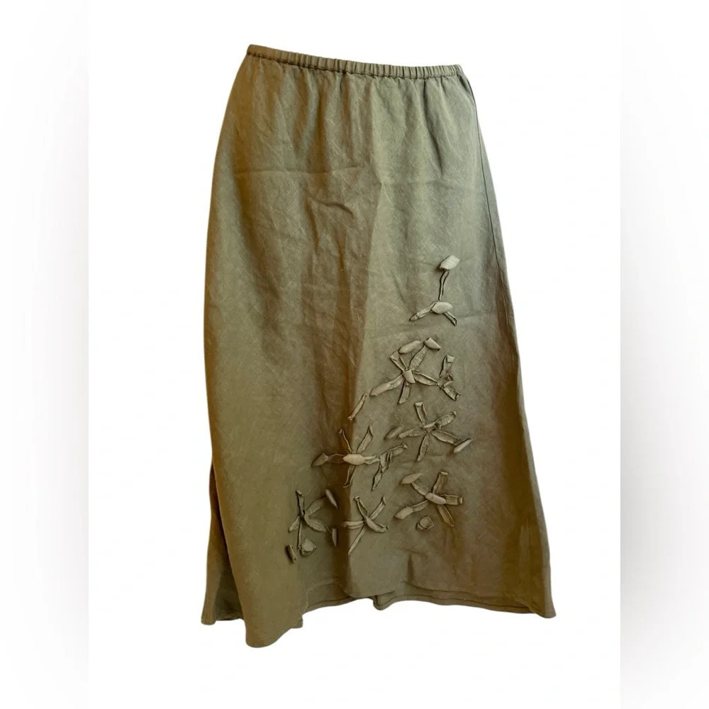 Kleen Linen Lagenlook Green Elastic Waist Embellished Floral Skirt Sz S